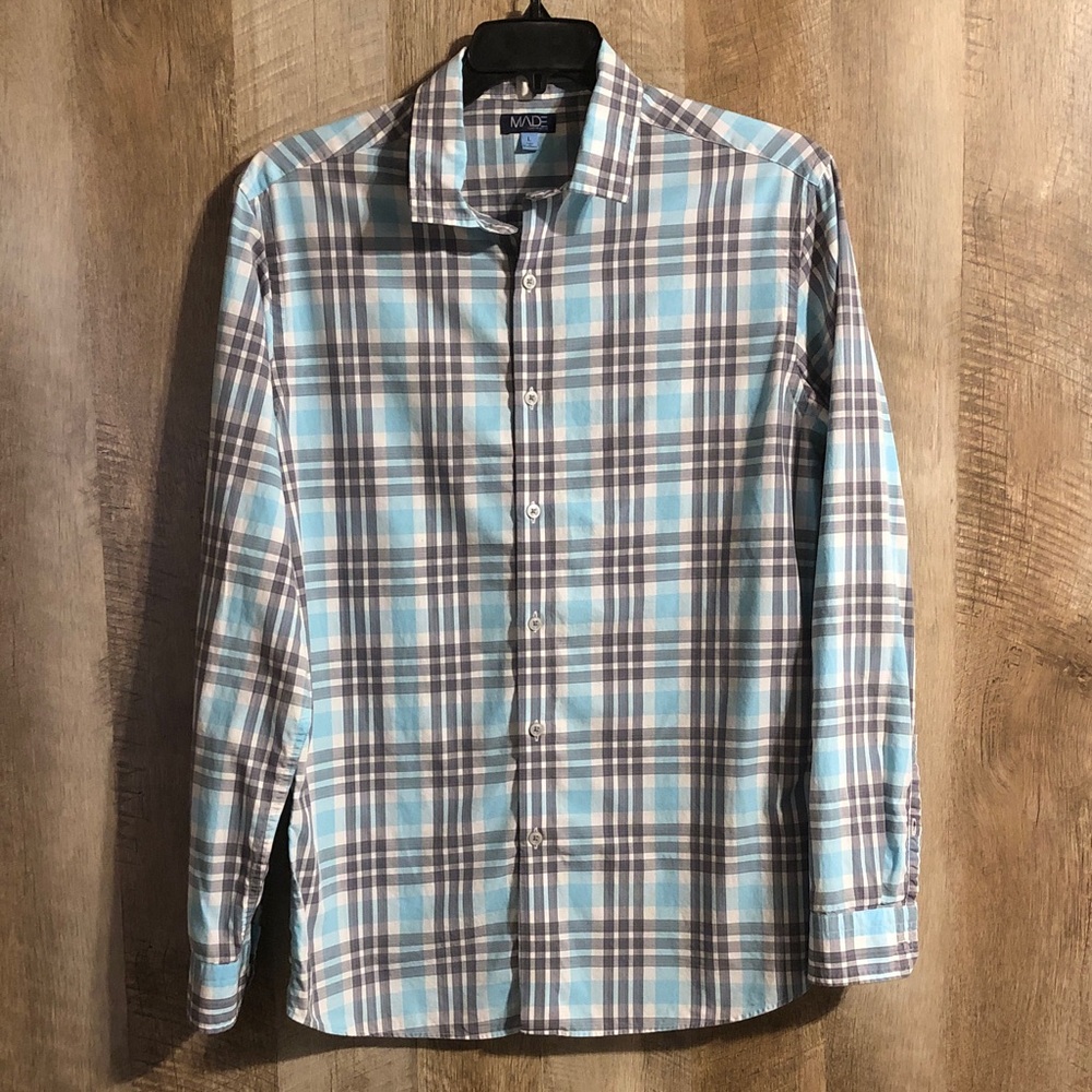 MADE Cam Newton Light Blue and Gray Plaid Button-Down Shirt